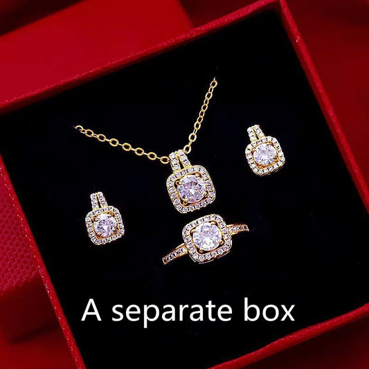 Conjunto colar, brincos e anel zircónia dourado
