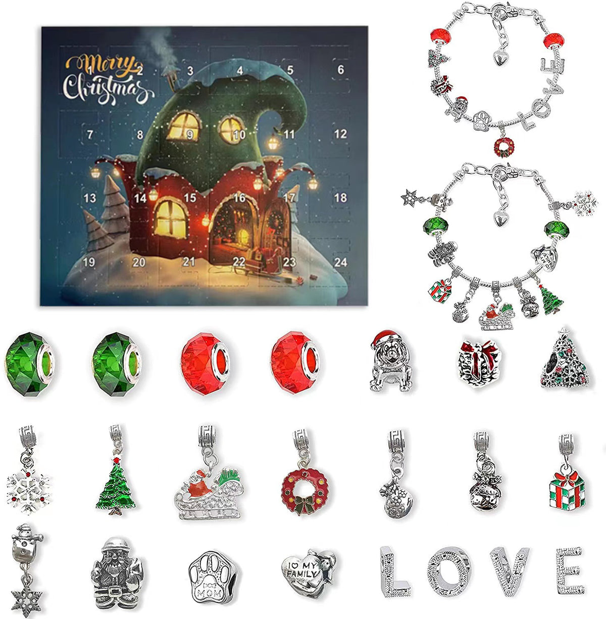 Calendário do Advento pulseira de charms – caixa Casinha de Natal